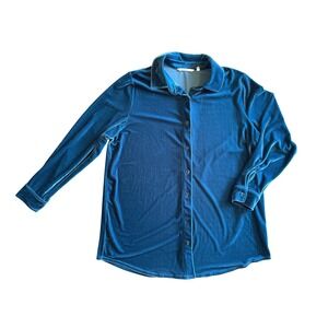Soft Surroundings Large Velour Teal Blue Boyfriend Stretch Button Down Shirt